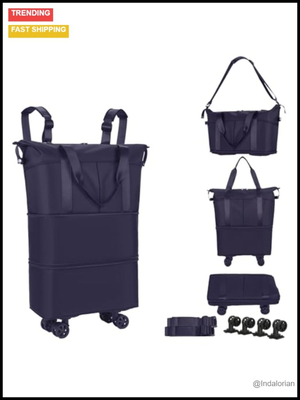 Expandable Rolling Duffel Bag with Removable Wheels and Detachable Straps for